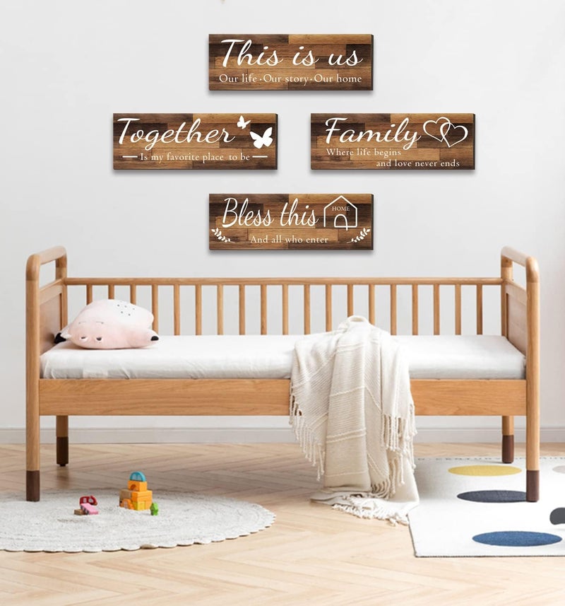 Joyhawk 4 Pieces Home Wall Signs, THIS IS US/TOGETHER/BLESS THIS HOME/FAMILY Wall Decor For Living Room Bedroom, Rustic Wooden Farmhouse Wall Art , 4.7 x 13.8 Inch(Brown) - Image 5